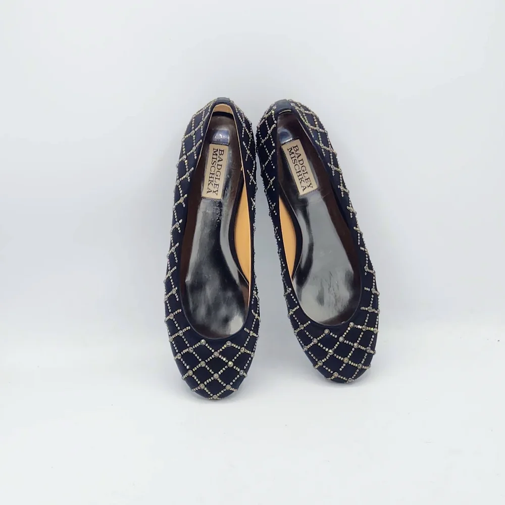 Badgley Mischka Norell Quilted Crystal Satin Flats In Black Size 7.5